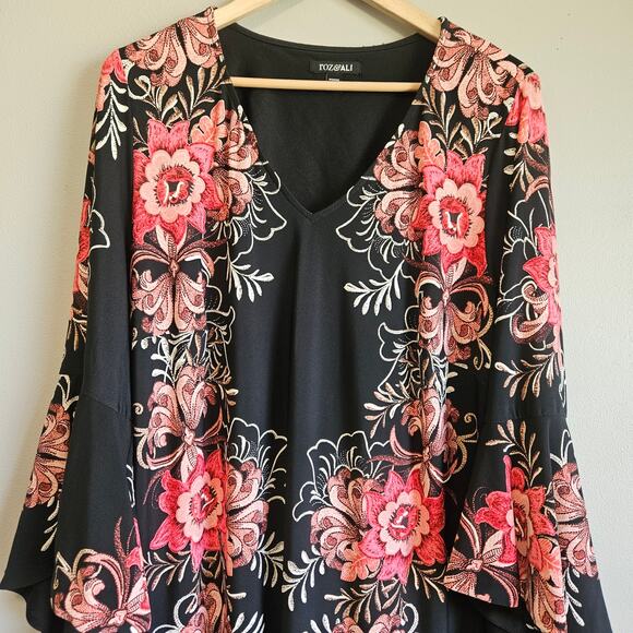 Roz & Ali Black Pink Floral Bell Sleeve Dress Women’s 18 Sheath Fit - Picture 2 of 13
